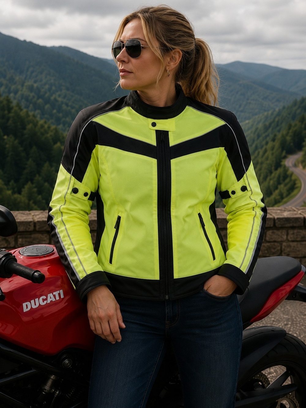 Women's High-Visibility Utility Motorcycle Jacket - Neon Yellow Black